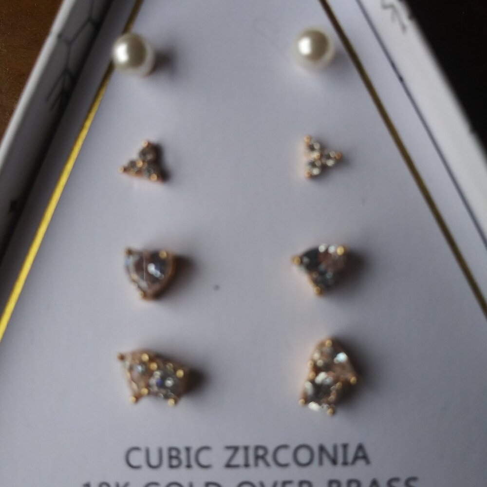 Lot of 4 18K Gold Plated and Cubic Zirconia Stud Earrings